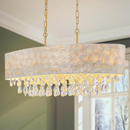 LumFurn 6-Light Oval Capiz Shell Crystal Linear Chandeliers, Coastal Design Light Fixture for Dining Room, Kitchen Island, L32xW12xH19~65 Inch(Adjustable), Shell Lampshade & Brass Finish