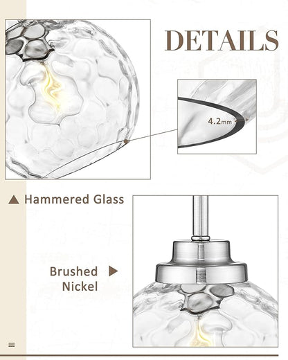 8 Inch Modern Farmhouse Pendant for Kitchen Island, Adjustable Height Hanging Fixture with Hammered Glass, Brushed Nickel, Dining Room Entryway - PL101HBN-L