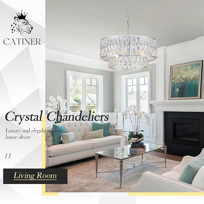 CATINER 20'' Modern Crystal Chandelier Luxury 6-Lights Chrome Semi Flush Mount Ceiling Light Fixtures Round Crystal Pendant Chandelier for Living Room Dining Room Kitchen Foyer Bedroom