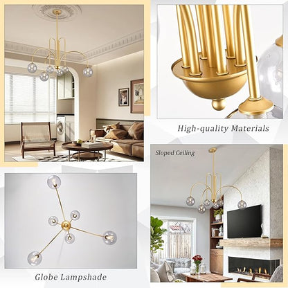 CATINER Modern Gold Chandelier, 6 Lights Sputnik Chandeliers Large L40”Mid Century Ceiling Pendant Light Fixtures with Smoke Glass Globe Shades for Living Dining Room Foyer Bedroom