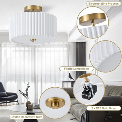 Semi Flush Mount Ceiling Light,12.6"Modern Close to Ceiling Light Fixture With White Fabric Shade,Light Fixtures Ceiling Mount Bedroom Ceiling Light for Bedroom Foyer Kitchen Living Room(Gold)