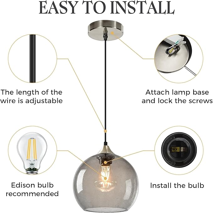 Light Grey Glass Pendant Light for Kitchen Island, Includes 1 Bulb & 4.92FT Adjustable Cord, Modern Pendant Lighting Fixtures for Kitchen, Dining Room, Living Room(7.1in)