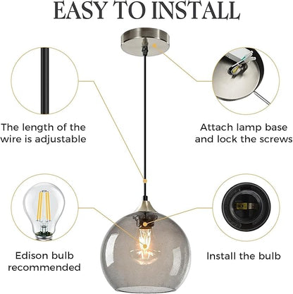 Light Grey Glass Pendant Light for Kitchen Island, Includes 1 Bulb & 4.92FT Adjustable Cord, Modern Pendant Lighting Fixtures for Kitchen, Dining Room, Living Room(7.1in)