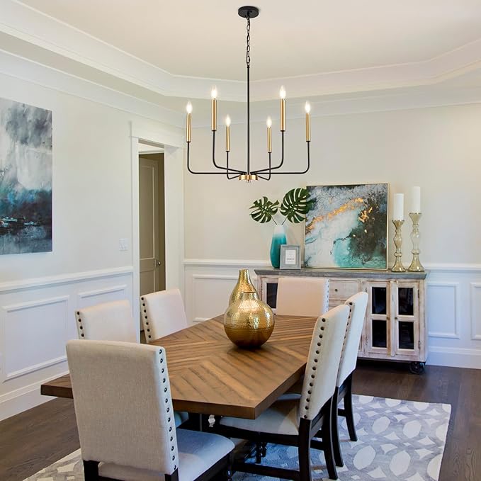 Black and Gold Chandelier, Modern Farmhouse Dining Room Light Fixture 6-Light Chandelier with Chain, Metal Hanging Lighting Fixtures Candle Dining Lights for Kitchen, Living Room, Bedroom,Foyer