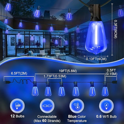 LAMPHOME 2-Pack 26Ft ST38 Outdoor String Lights, Blue LED Shatterproof Patio Lights with 12+1 Edison Bulbs, Perfect for Hanukkah, Bistro, Christmas & Party Decorations