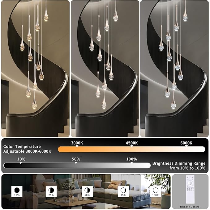 Modern Crystal Chandelier 9-Lights Gold, H98.5'' High Ceiling Spiral Dimmable LED Bubble Crystal Raindrop Light Fixture for Foyer Entryway Dining Room Remote Control