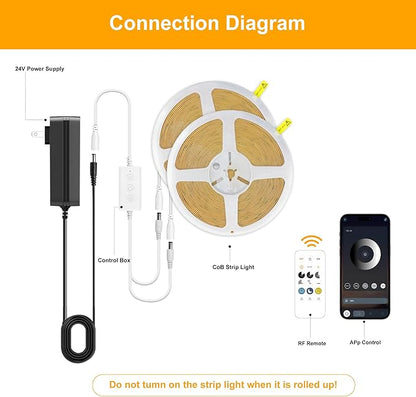 Pandery COB LED Strip Lights Cool White,24V Dimmable led Light Strip KIT with Remote and app Control,6000K 65FT/20m 8mm Wide Ra>90 Cuttable Flexible Strip Lights for Bedroom,Shelf,Cabinet