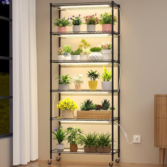 Plant Shelf with Grow Light, DIY 6-Tier Plant Stand with Grow Light, Adjustable Rack and Wheels, 8 Pack 24" 192W T8 Full Spectrum Grow Lamp for Indoor Plants, Seed Starting, Vegetable, 29"x13.5"x73.5"