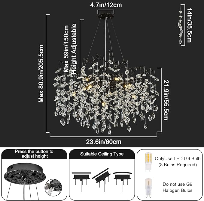 Black Chandelier for Dining Room, 31.5" Moder K9 Crystal Tree Branch Crystal Round Chandeliers for Living Room,High Ceiling,Kitchen Island,Foyer,Staircase,Bathroom