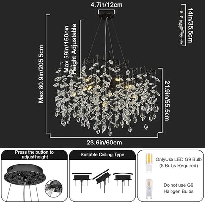 Black Chandelier for Dining Room, 31.5" Moder K9 Crystal Tree Branch Crystal Round Chandeliers for Living Room,High Ceiling,Kitchen Island,Foyer,Staircase,Bathroom