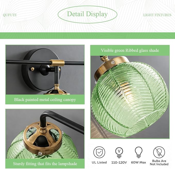 Bathroom Light Fixtures Vanity Wall 3-Light Coastal Vanity Lights Emerald Green Vintage Wall Lamp with Glass Globe Shade Modern Glass Wall Vanity Lighting for Mirror Kitchen Cabinet