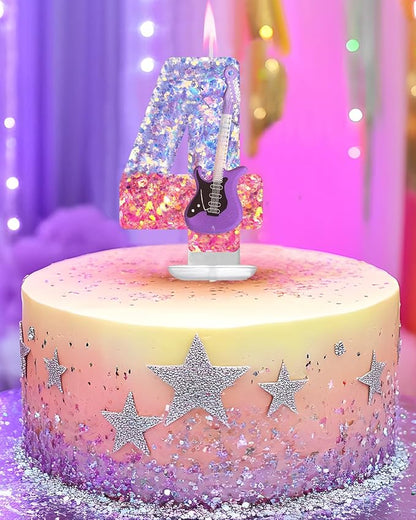K-Pop Birthday Candle – Purple & Pink Glitter Music Theme Cake Candle with Guitar, Musical Party Decor for Girls, Teens, Kpop Fans (4)