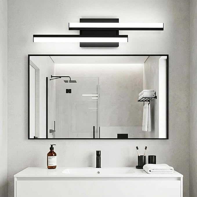 Bathroom Light Fixtures Over Mirror: 24-inch Modern Black LED Vanity Light Bar ETL Certified | Retractable Dimmable Bathroom Lamp IP44 - Wall Light Fixture 25W 5000K Cool White(1 Pack)