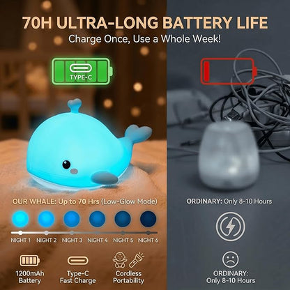 Whale Baby Night Light for Kids with Remote & Timer, Dimmable LED Squishy Soft Silicone Tap Lamp, USB Rechargeable Toddler Bedside Light for Breastfeeding, Kawaii Ocean Nursery Decor Gift