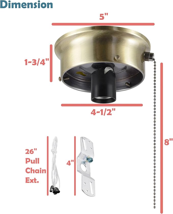 Aspen Creative 22104-07-1, Flush Mount Ceiling Fixture Shade Holder Kit with On/Off Pull Chain Switch in Antique Brass Finish 4-1/2" Fitter, 5" Diameter x 1-3/4" Height