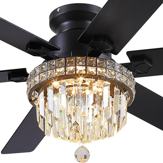 Asyko Crystal Ceiling Fan Fandelier with Lights - 52" Outdoor Fans with Remote Control，Crystal Ceiling Fans Noiseless DC Motor, Retro/Farmhouse Lighting, Dining Room,Living Room