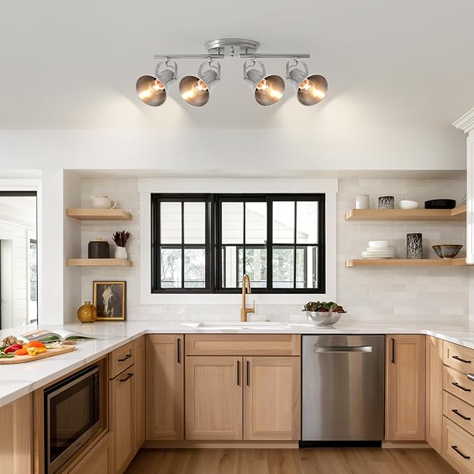 4-Light Track Lighting Fixtures Ceiling, Industrial Modern Kitchen Track Lighting, Nickel Directional Ceiling Light, for Kitchen Island, Dining Room, Living Room