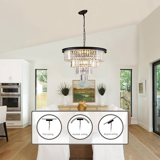 10 Light Black Crystal Chandelier 24'' Modern Round Chandeliers for Dining Room Contemporary Ceiling Pendant Light Fixture 4-Tier Adjustable Height E12 for Living Room Foyer Entryway