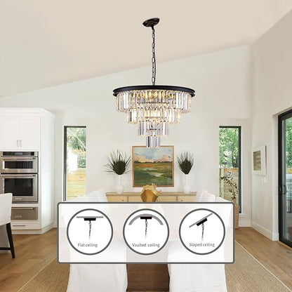 10 Light Black Crystal Chandelier 24'' Modern Round Chandeliers for Dining Room Contemporary Ceiling Pendant Light Fixture 4-Tier Adjustable Height E12 for Living Room Foyer Entryway
