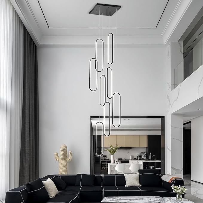 GEADI Modern Led High Ceiling Chandelier with Remote, Dimmable Foyer Chandeliers for High Ceilings, Black Large Staircase Pendant Light Fixture for Entryway(8 Lights,3000-6500K