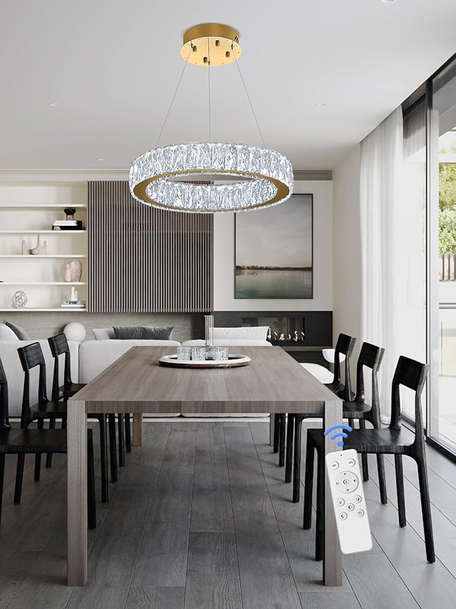 Modern LED Dimmable Crystal Chandelier 23.6" Ring Pendant Light Adjustable Gold Round Crystal Chandelier for Dining Room Living Room