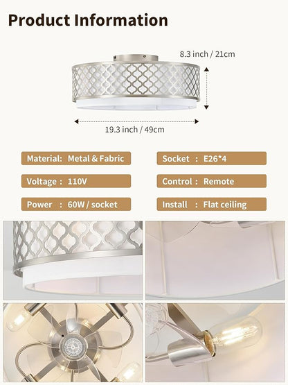 20" Silver Flush Mount Ceiling Fan with Light, Boho Ceiling Fans with Lights Low Profile, Enclosed with Remote Control 6 Speeds for Living Room, Bedroom, Nursery