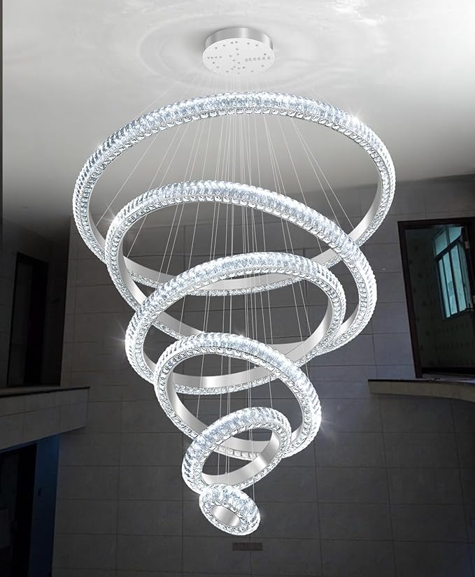 47" 6 Ring Crystal Chandelier Modern LED Dimmable Ring Pendant Light Chandelier for Dining Room Living Room Silver