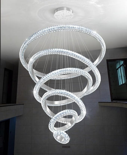 47" 6 Ring Crystal Chandelier Modern LED Dimmable Ring Pendant Light Chandelier for Dining Room Living Room Silver
