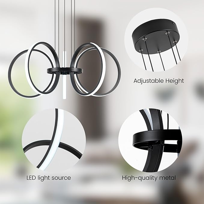 MAYNA Modern LED Chandelier, Black Pendant Light with 5 Rings, Adjustable Height Modern Chandeliers for Dining Room Living Room Kitchen Bedroom Entryway,6000k Daylight