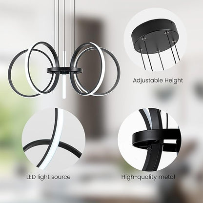 MAYNA Modern LED Chandelier, Black Pendant Light with 5 Rings, Adjustable Height Modern Chandeliers for Dining Room Living Room Kitchen Bedroom Entryway,6000k Daylight