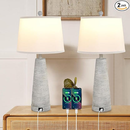 Terpsichore Nightstand Lamp Bedside Lamps Set of 2 Vintage Rustic Farmhouse Table Lamp 3 Way Dimmable Horizontal Stripe Light,for Living Room Bedroom,USB A+C (White, High 27 Inch)