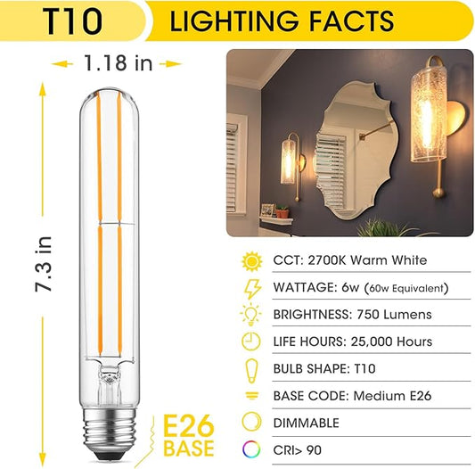 Gozelux Dimmable E26 Light Bulb 6W Equal 60 watt LED Light Bulbs AC120V Warm White 2700K Edison 60 Watt 750LM T10 Bulb for Rustic Pendant, Industrial Pipe, Wall Sconces, Vanity, Pack of 6