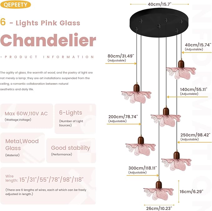 6-Light Pink Glass Flower Chandelier with Wood, Modern Adjustable Staircase Pendant Light, Mid Century Floral Hanging Ceiling Fixture for Living Room Dining Room Foyer Entryway