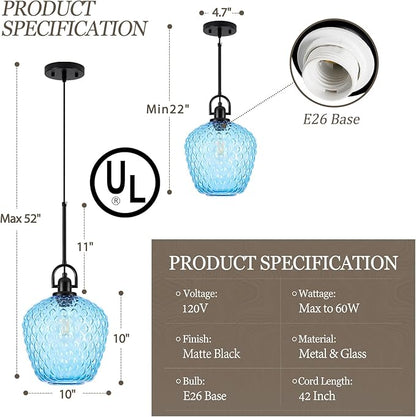 Large Glass Pendant Lights Kitchen Island, 10" 1-Light Black Pendant Light Fixtures with Blue Hammered Glass, Modern Hanging Light for Kitchen Island Dining Room Entryway Foyer
