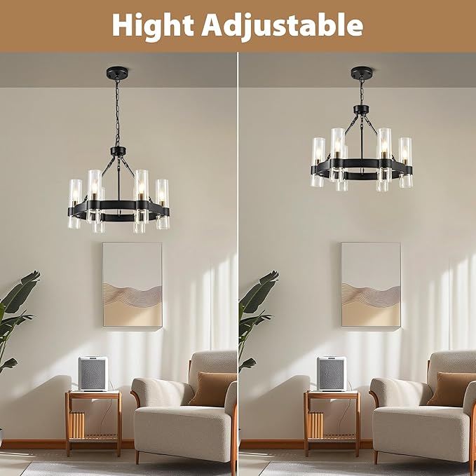 6-Light Large Black Wagon Wheel Chandelier with Glass Shades, 20 Inch Farmhouse Industrial Round Chandelier for High Ceilings, Pendant Lighting Fixture for Dining Living Room Kitchen Island Foyer