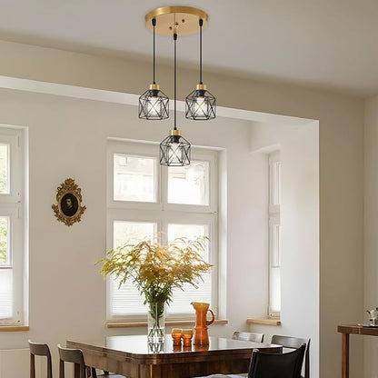 Black and Gold 3-Light Pendant Light Fixture, Farmhouse Hanging Pendant Lighting, Dining Room Chandelier, Industrial Kitchen Island Hanging Light Fixture, Metal Cage Pendant Ceiling Lamp for Kitchen