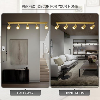 Track Lighting Plug in, 30" LED Track Light Fixtures Ceiling, Gold 5 Way Spotlight, Rotatable Head, Plug Wall Lights with 14.8FT Cord, Ceiling Lighting for Kitchen Hallway Bar(GU10, NO Bulb)