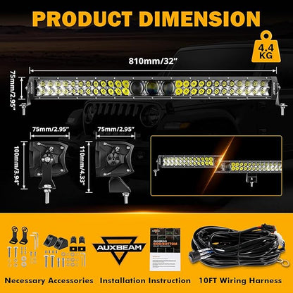 Auxbeam 32 Inch LED Light Bar, P8/270W Chips Dual Row Off Road Lights Flood Spot Combo Driving Work Light, 33000LM Waterproof Offroad Lights with Wiring Harness for SUV ATV UTV Trucks Jeep Pickup