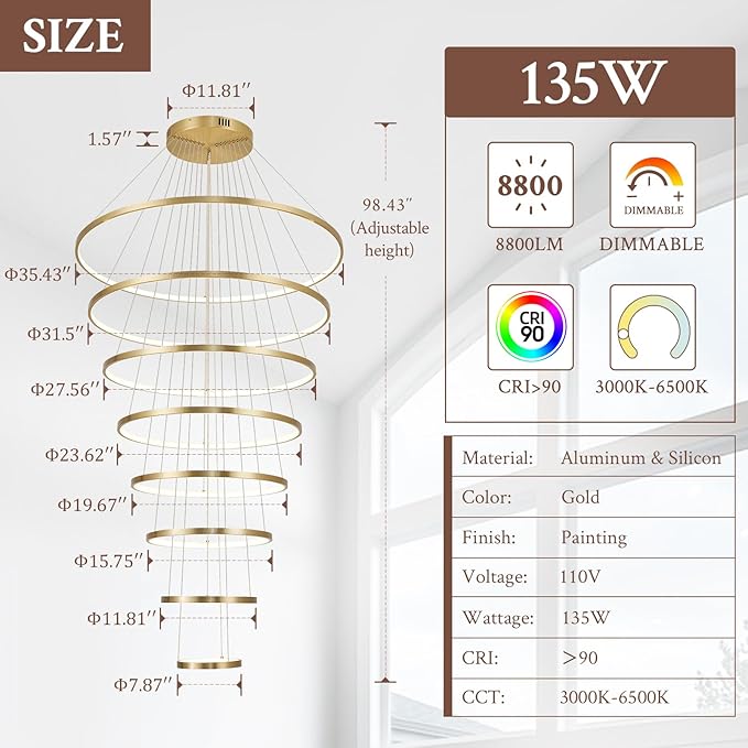 Modern LED Chandelier 8 Rings Dimmable Gold High Ceiling Chandelier Foyer, Large LED Contemporary Pendant Lighting for Staircase Entryway Living Room, D35’’ 3000K-6500K