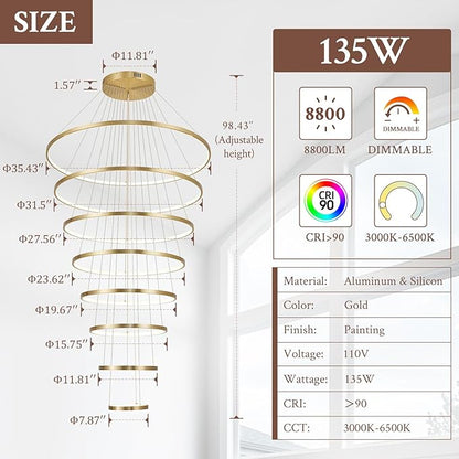 Modern LED Chandelier 8 Rings Dimmable Gold High Ceiling Chandelier Foyer, Large LED Contemporary Pendant Lighting for Staircase Entryway Living Room, D35’’ 3000K-6500K