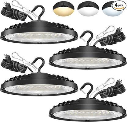 4 Pack 150W UFO LED High Bay Light, Adjustable Wattage 150W/110W/75W, 3-Color Temperature (3500K/5000K/6500K), 21,000LM, 120VAC, Plug & Play LED Shop Lights Fixture for Warehouse, Garage, Factory