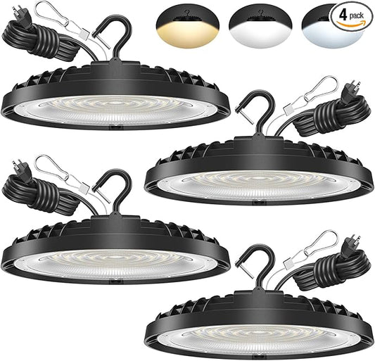 4 Pack 150W UFO LED High Bay Light, Adjustable Wattage 150W/110W/75W, 3-Color Temperature (3500K/5000K/6500K), 21,000LM, 120VAC, Plug & Play LED Shop Lights Fixture for Warehouse, Garage, Factory