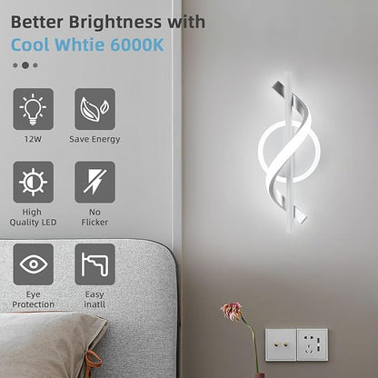 LED Wall Sconces Sets of 2, 12W LED Wall Lights, Modern Spiral Wall Sconces, Wall Lamps for Living Room, 6000K Cold White Wall Mount Light Fixture for Stairs Living Room Bedroom Aisle Hallway