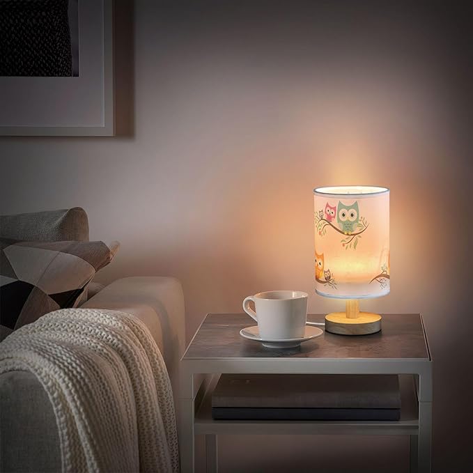 Table Lamp Cute Cartoon Owl with Baby Child on Tree Branch Nightstand Lamp with Wood Base Fabric Lamp Shade Bedside Desk Lamp for Living Room Bedroom Kids Room Office