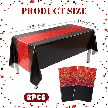 Oudain 2 Pcs Black & Red Holographic Party Tablecloth 54 x 108 Inch Strange Themed Party Decoration Plastic Rectangle Table Cloth Waterproof Table Cover for Birthday Weeding Anniversary Graduation