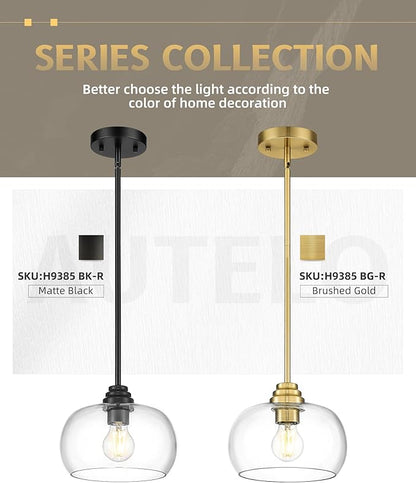AUTELO Black Pendant Lights Kitchen Island, 1-Light Pendant Lights in Black Finish with Clear Glass, Modern Pendant Light Fixtures, Hanging Lamp for Kitchen Island H9385 BK-R