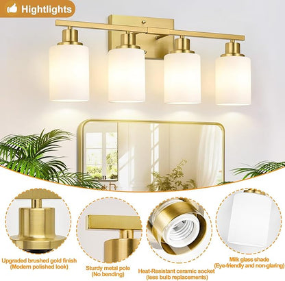 Indoi 4-Light Bathroom Light Fixtures, Brushed Gold Vanity Lights with Milk Glass Shades, Modern Bathroom Wall Lamp for Mirror Living Room Bedroom Porch
