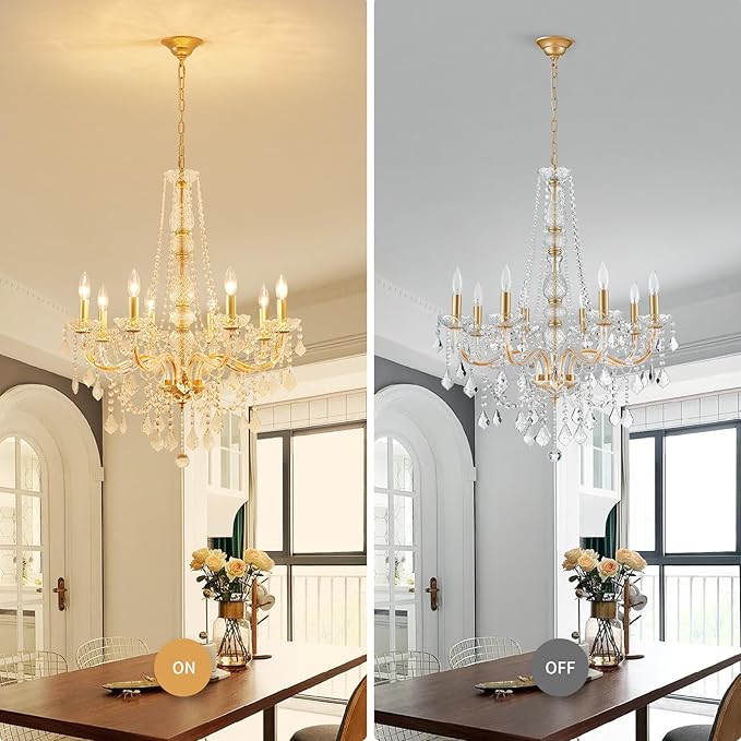WUZUPS 8-Light Crystal Candle Chandelier Pendant Ceiling Light Modern Lighting Fixture for Bedroom Hallway Bar Kitchen Bathroom, H 35.4" W 27.6", E12 Base, Gold