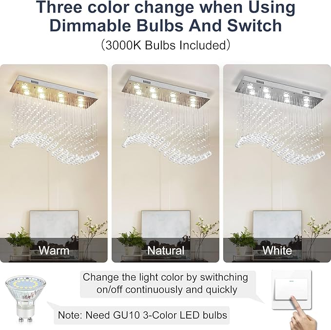 Depuley Modern K9 Crystal Chandelier, 8-Light Rectangle Flush Mount Ceiling Light, Wave Raindrop Crystal Pendant Lighting for Dining Room Kitchen Living Room Bedroom, L31.5'' x W11.8'' x H27.5'