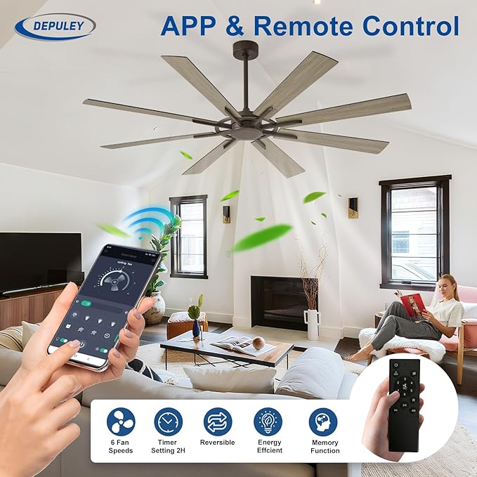 Ceiling Fan Without Light: 66 Inch Big Indoor Outdoor Fan with Remote APP Control - Brown Wood Grain Large Ceiling Fan no Light 8 Blade Reversible Quiet DC Motor Memory Function Timer